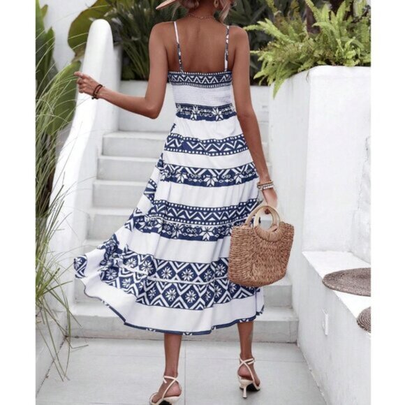 Boho Geo Print Ruffle Hem Cami Dress White Blue - Picture 3 of 3